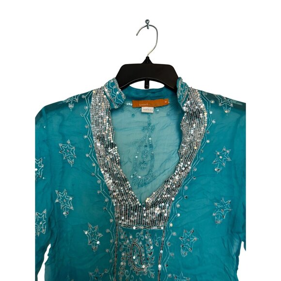Sweet By Miss Me Womens Top Size S Embroidered Sequin Detail 100% Silk Turquoise - Picture 5 of 5